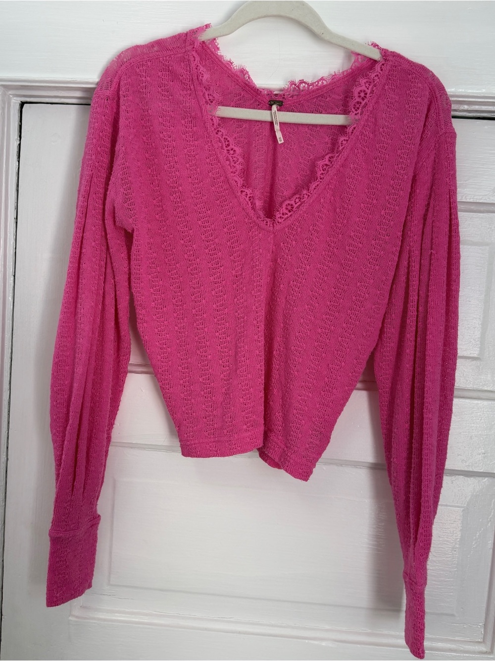 Free People Hot Pink V-Neck Lace Trim Lightweight Sweater